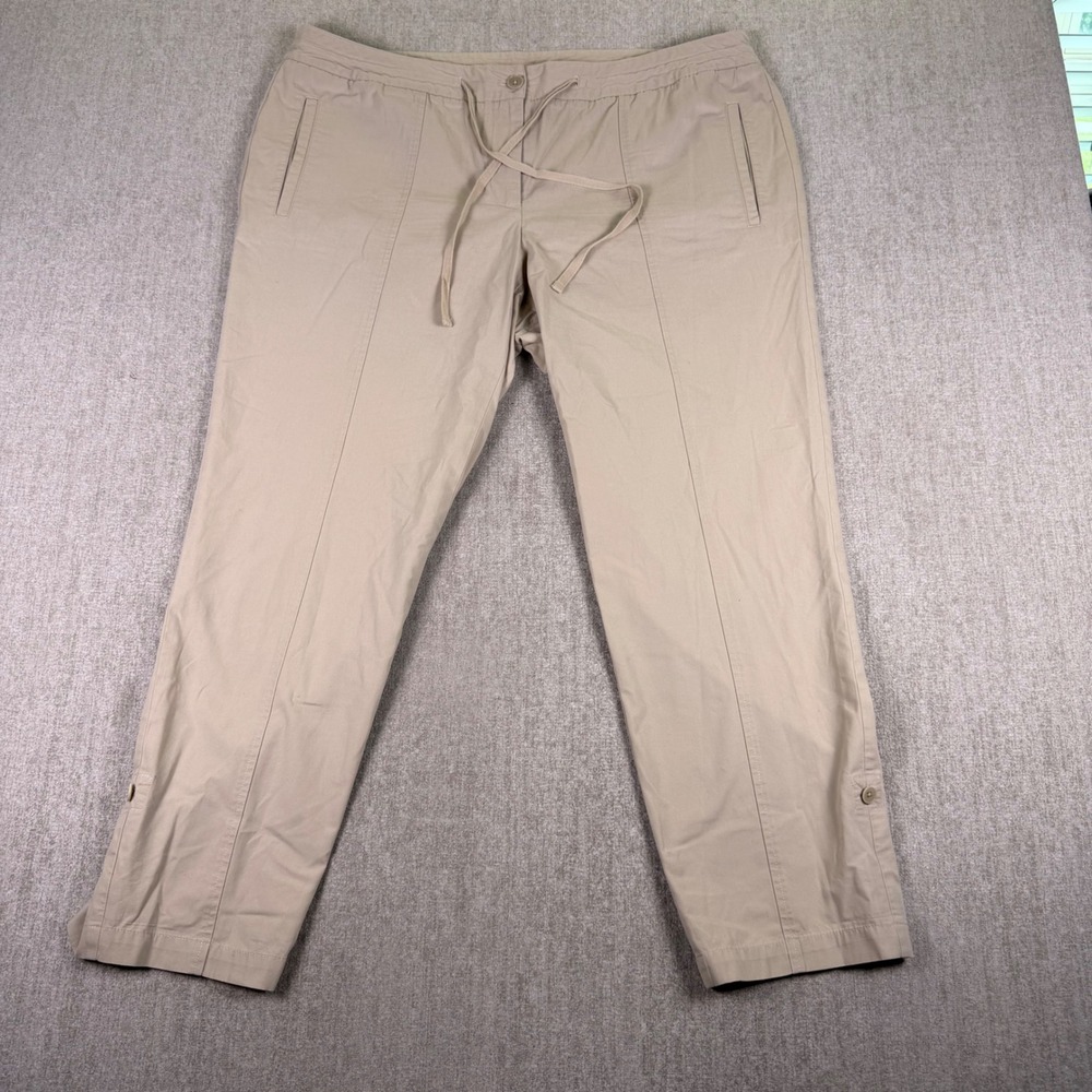 Talbots Pants Womens 14W Tan Cotton Drawstring Roll Tab Hem Casual Straight Leg